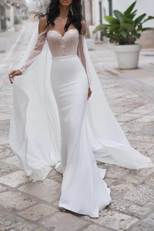 Flash Deals ashionable dressMermaid Wedding Dress Sweetheart Beads Boho Wedding Gowns with Detachable Shawl QW2271