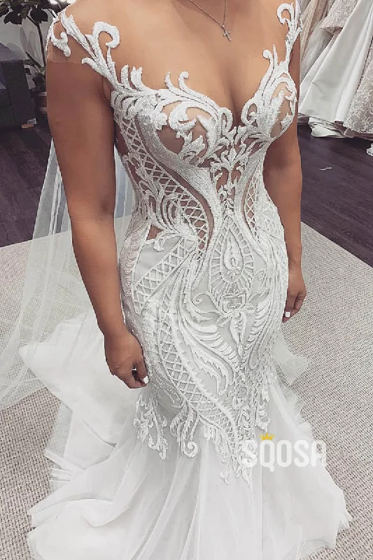 Steals and Deals tiered dressUnique Cap Sleeves Luxury Lace Appliques Mermaid Wedding Dress QW2491