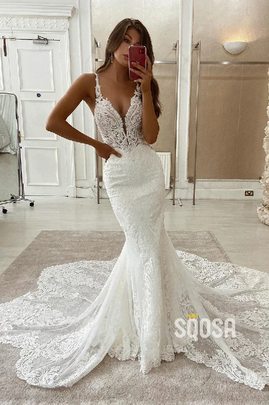 TIME-Limited Offer t-shirt dressAttractive Deep V-neck Ivory Lace Wedding Dress with Court Train Mermaid Gown QW2594