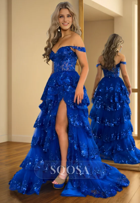Deep Discounts v-neck dressA line Off the Shoulder Tiered Black Sparkly Long Prom Dress with Slit