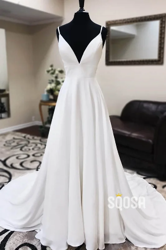 Mega Sale casual summer dressA-line Spaghetti Straps Lace Appliques Simple Wedding Dress QW2338