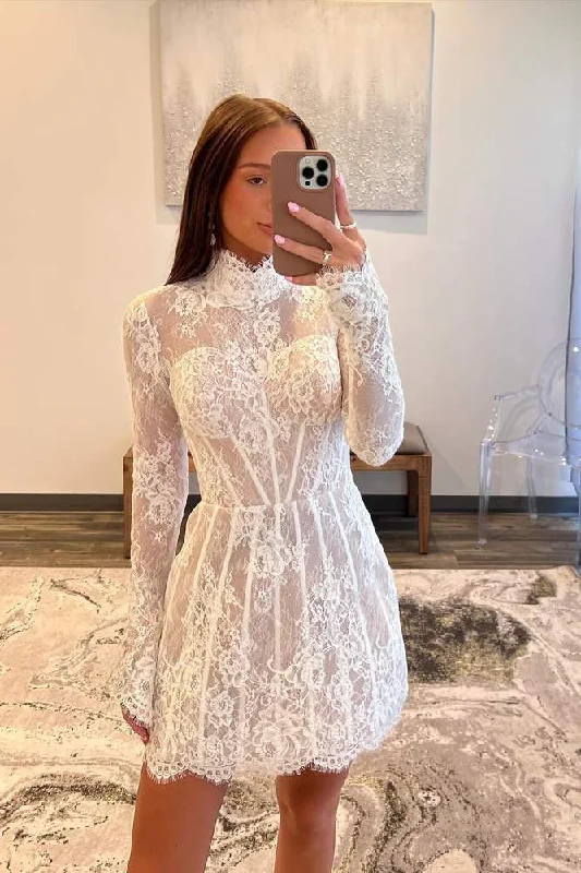 Customer Appreciation Sale chic dressDelicate A-line High Neck Long Sleeves Appliques Short Lace Corset Dress