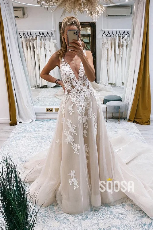Online Exclusive chic slip dressPlunging V-Neck Lace Appliques Rustic Wedding Dress QW2509