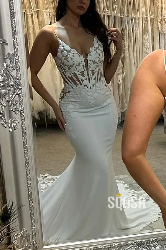 Limited Time Discount spaghetti strap dressV-Neck Spaghetti Straps Illuion Appliques With Train Wedding Dress QW8158