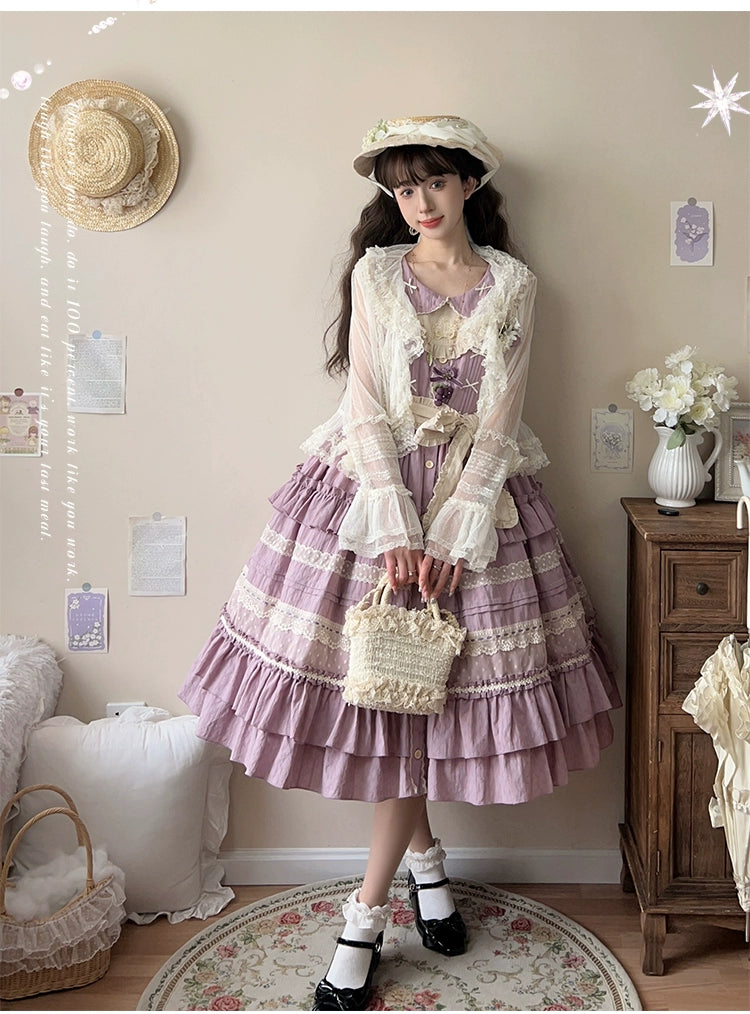 Last Chance floral dressBall Cat~Purple Wind Bell~Elegant Cotton Lolita JSK Flounce Hem Purple Dress and Bonnet