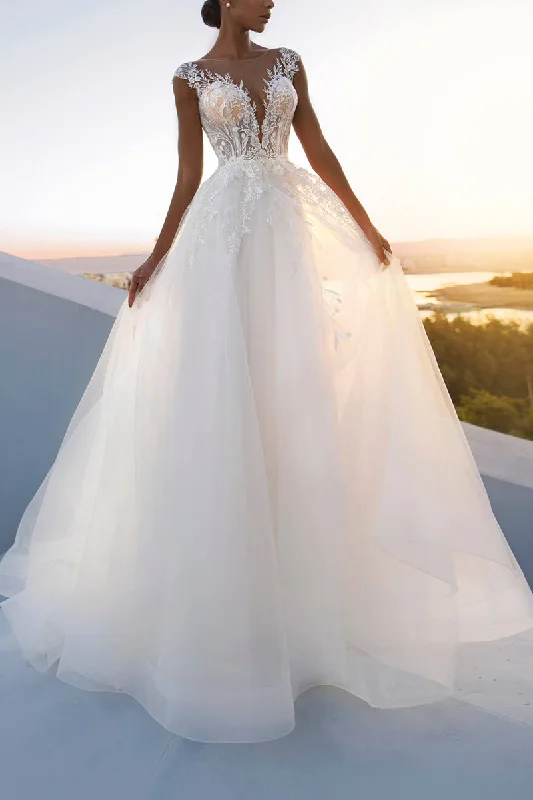 Savings Alert floral dressA Line Illusion Neckline Lace Appliques Rustic Wedding Dress QW2646