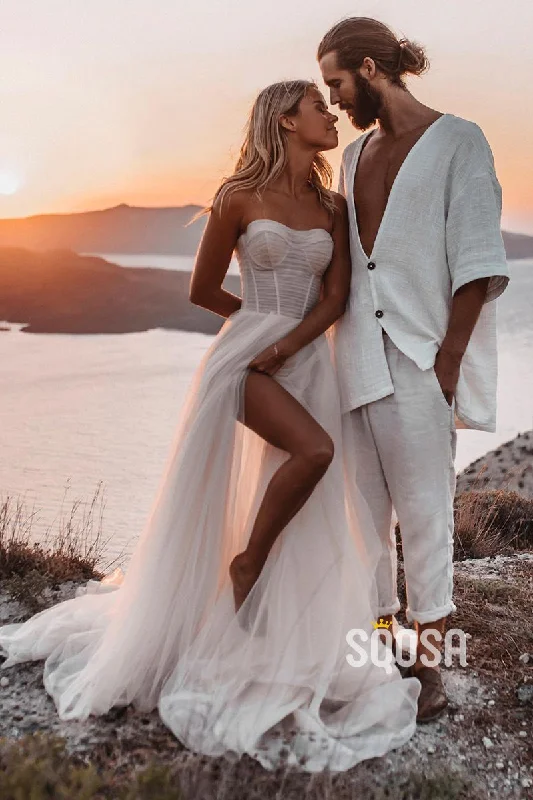 Price Meltdown lace-up dressA-line Sweetheart Tulle High Split Bohemian Wedding Dress QW2684 Price Meltdown lace-up dressA-line Sweetheart Tulle High Split Bohemian Wedding Dress QW2684