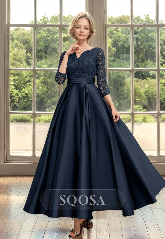 Exclusive Savings trendy dressA-Line V-neck Long-Sleeves Satin Cocktail Gowns Pleated Lace Applique Beaded Cutout Mother of the Bride Dress