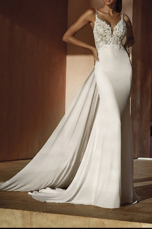 Limited Time Offer chic slip dressIllusion Plunging V Neck Lace Appliques Mermaid Wedding Dress Boho Bridal Gown QW2102