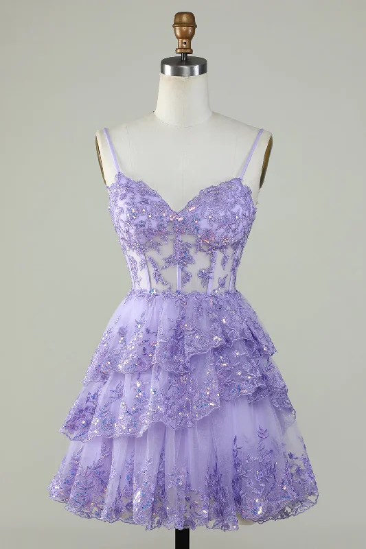 Extra Savings flowy maxi dressStraps Lavender Sequins Corset Layered Homecoming Dress Y2907
