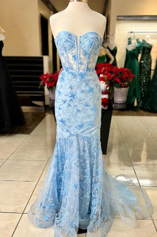 Price Meltdown party dressLight Blue Lace Sweetheart Trumpet Long Prom Dress Y4025