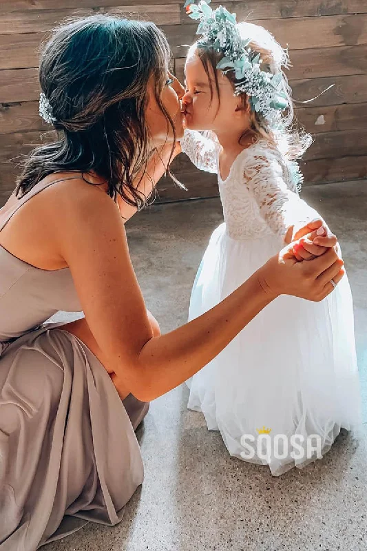 Price Drop flowy evening dressIllusion Lace Long Sleeve A-Line Cute Flower Girl Dress QF0824