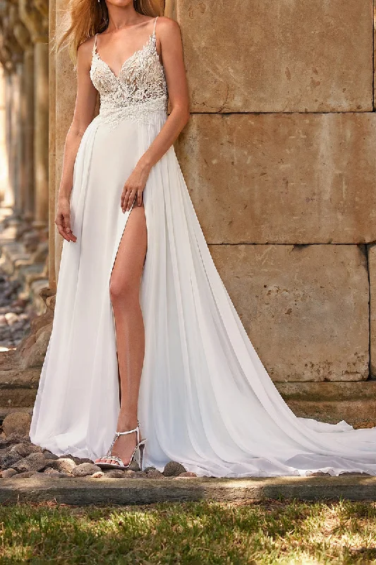 Steals and Deals oversized dressA Line Illusion V neck Lace Appliques Boho Wedding Dress with Slit QW2119