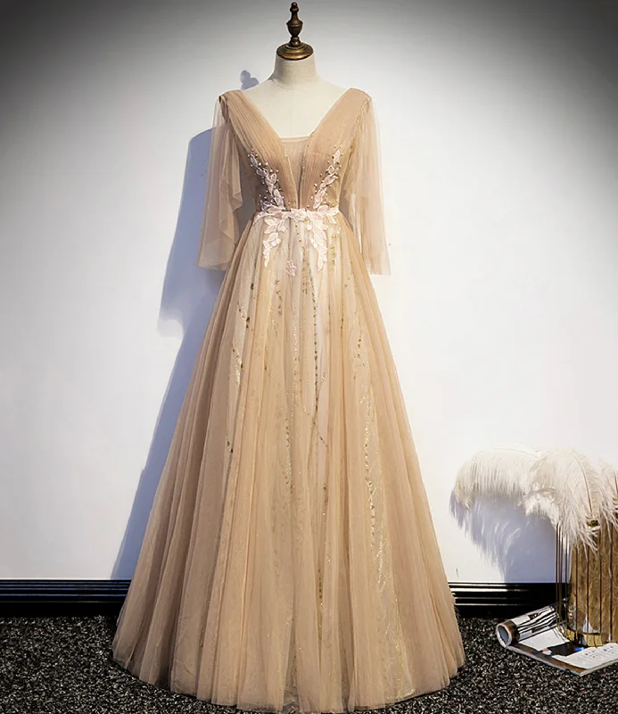 Warehouse Sale trendy mini dressChampagne v neck lace long prom dress A line evening dress s77