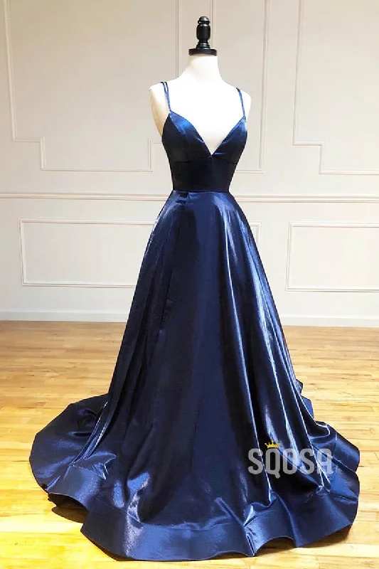 Price Cut bohemian dressNavy Blue Satin V-neck Spaghetti Straps Simple Prom Dress QP0999A