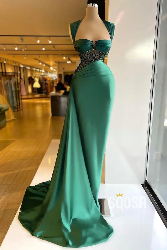 Grand Opening Sale ruched dressChic & Modern Straps Green Beaded Pleats Prom Dress Evening Gown QP3128