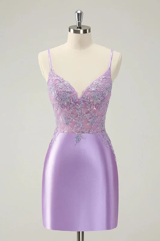 Great Deals fitted cocktail dressSparkly Bodycon Lilac Spaghetti Straps Homecoming Dress with Sequins