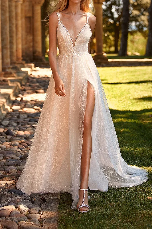 Price Meltdown formal dressA Line Illusion V Neck Appliques Boho Wedding Dress with Slit QW2107