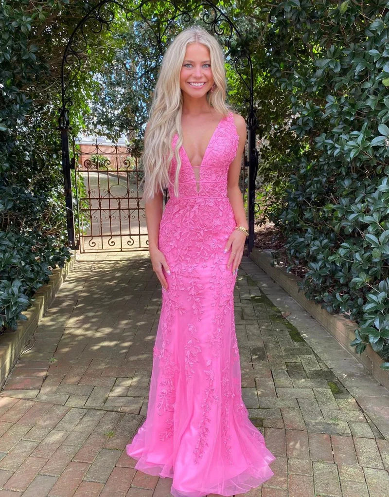 While Supplies Last bodycon dressV-Neck Sleeveless Empire Lace Appliques Open Back Prom Dress