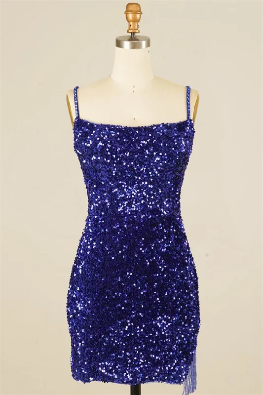 Must-Have Deals mini dressRoyal Blue Sequins Lace-Up Sheath Homecoming Dress with Tassels