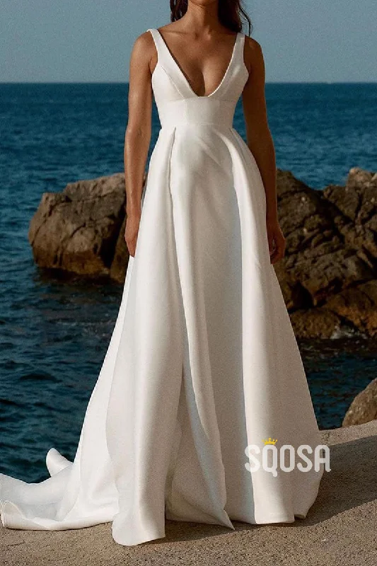 Don't Wait elegant shift dressSatin A-Line V-Neck Sleeveless High Slit With Train Wedding Dress QW8190