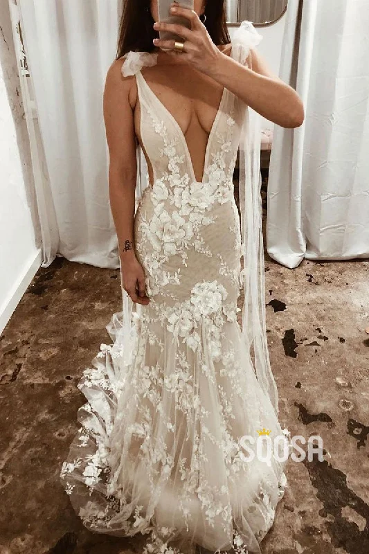 Lowest Price ruffle dressPlunging V-Neck 3D Lace Wedding Dress Bohemian Bridal Gown QW2208