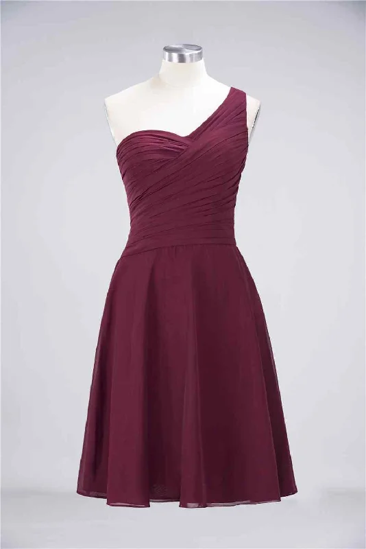 Bargain Prices sleek midi dressBurgundy A-line Asymmetrical Neck Pleated Chiffon Mini Bridesmaid Dress