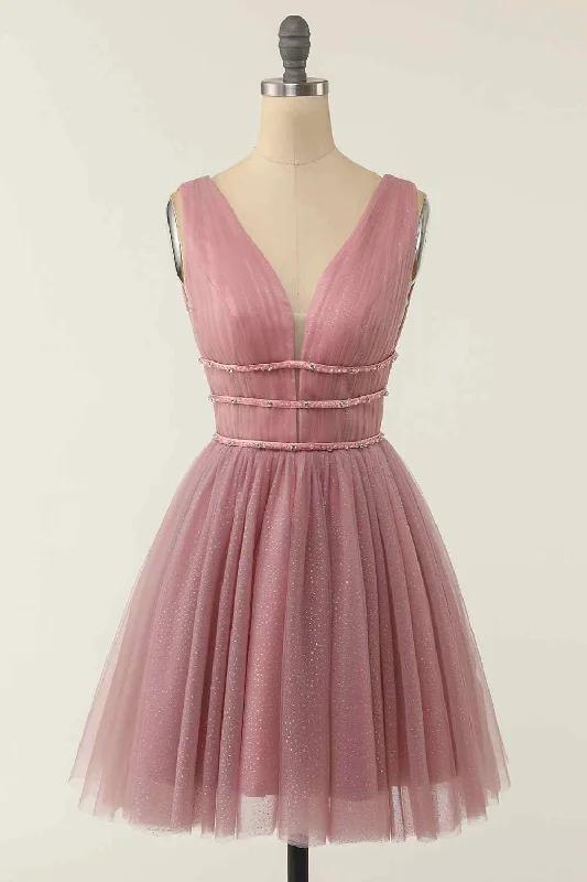 Super Sale office dressA-line V Neck Sleeveless Beaded Mini Homecoming Dress