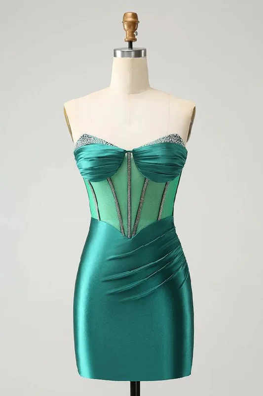 Season Finale Sale trendy dressGlitter Dark Green Strapless Corset Tight Homecoming Dress with Beading