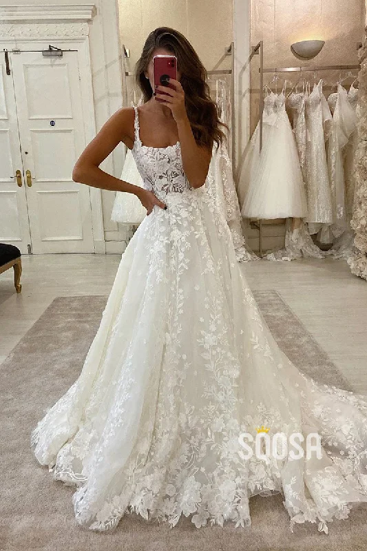 Savings Event elegant dressUnique Square Neckline Ivory Lace Wedding Dress Bridal Gown QW2589