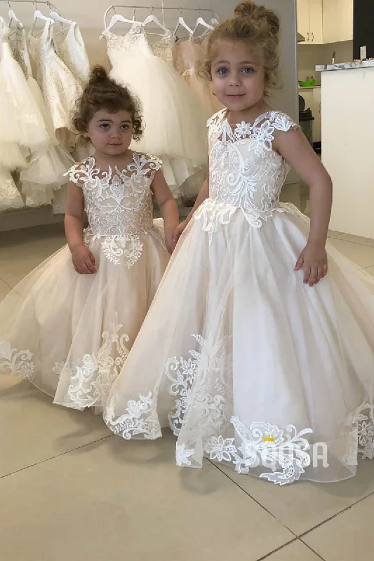 Referral Discount vintage-inspired dressCap Sleeves Lace Appliques Ball Gown Cute Flower Girl Dress QF0825