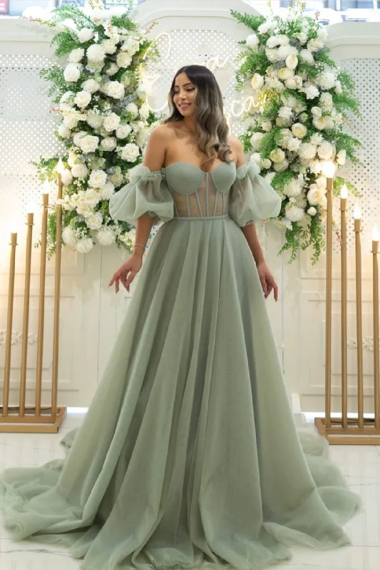 Overstock comfy dressWomen's A-line Sage Tulle Corset Prom Dress Y4003