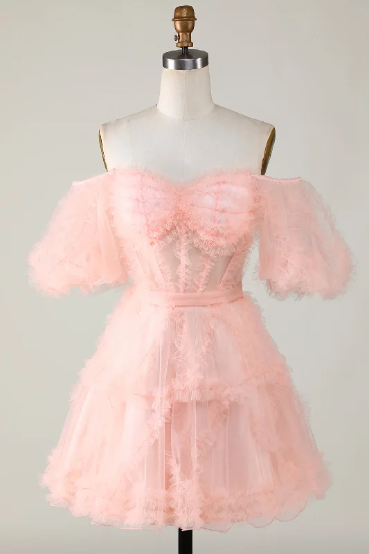 Take Advantage party dressBlush Pink A-line Off-the-Shoulder Ruffled Puff Sleeves Homecoming Dress