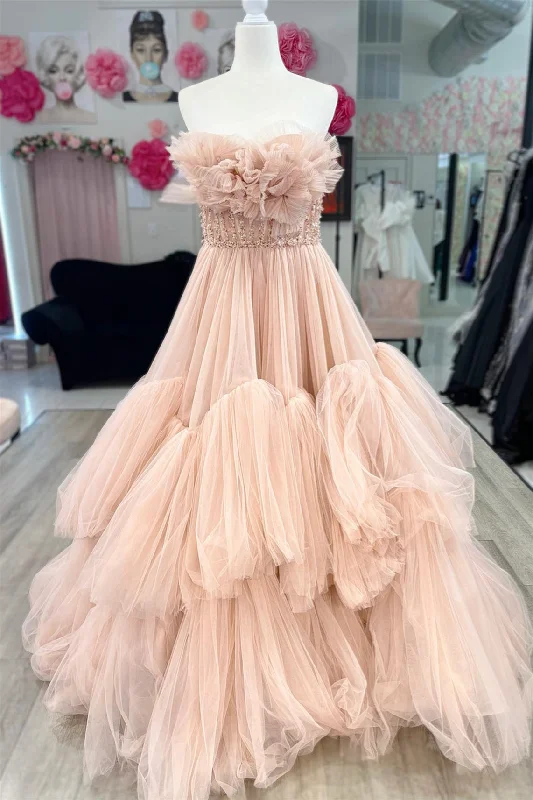 Final Markdown trendy dressStrapless Ruffled Beaded Layers Tulle Long Prom Dress