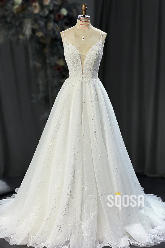 Online Only relaxed fit dressPlunging V-Neck Sparkly A-line Rustic Wedding Dress Bridal Gown QW2180