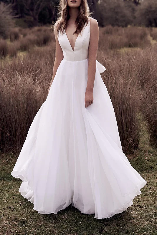 Unbeatable Prices flowy evening dressA Line Deep V Neck Ivory Simple Boho Wedding Dress Open Back Bridal Gown QW2579