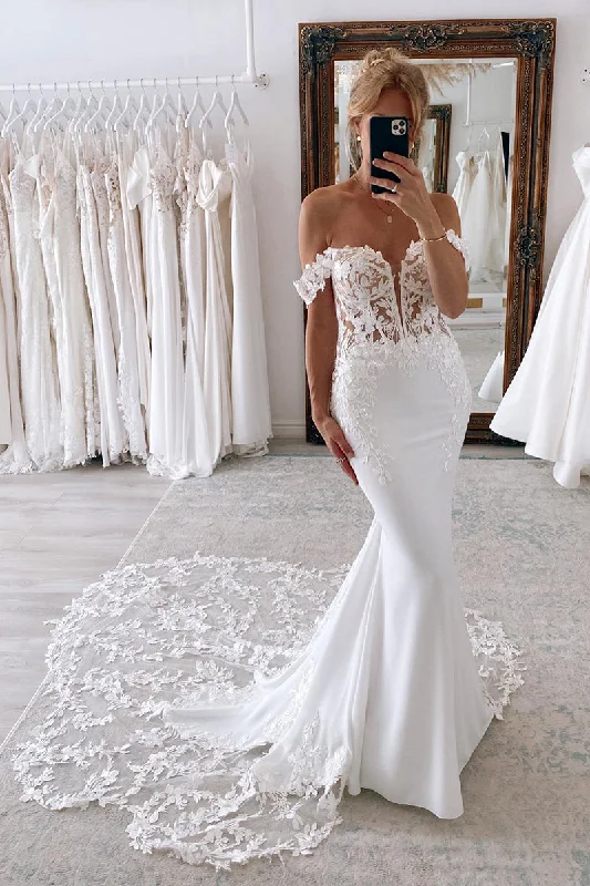 Super Sale floral dressIllusion Deep V Neck Lace Appliques Mermaid Wedding Dress with Court Train QW2149 Super Sale floral dressIllusion Deep V Neck Lace Appliques Mermaid Wedding Dress with Court Train QW2149
