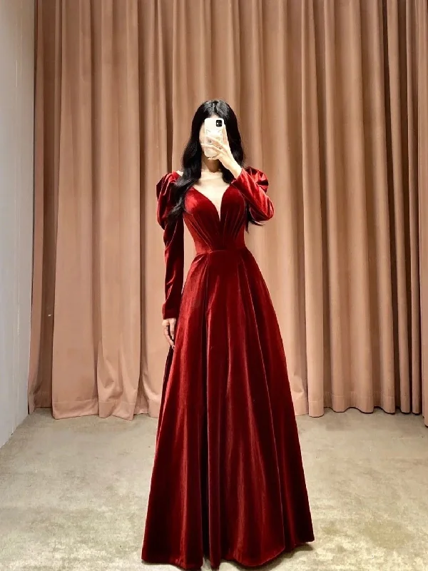 Closeout Sale t-shirt dressBurgundy Deep V-Neck Velvet Long Sleeves Prom Dress Y2635