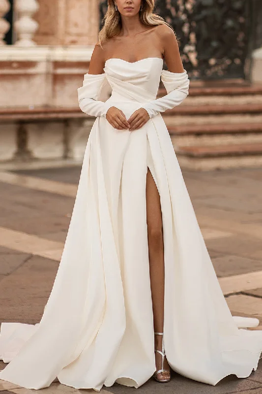 Extra Discounts stylish dressA line Sweetheart Satin Pleated Long Sleeves Rustic Wedding Dress with Slit QW2178