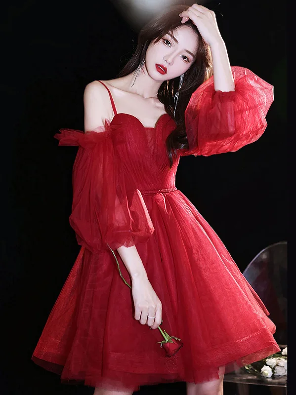 Mega Deal ruffle dressBurgundy sweetheart neck tulle short prom dress burgundy homecoming dress Y2889
