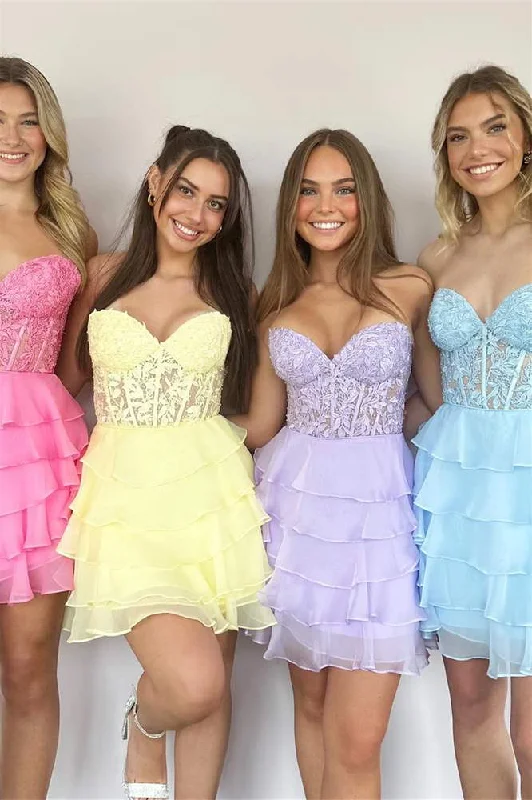 Weekend Deal elegant maxi dressStrapless Blue Sheer Corset A-Line Ruffle Homecoming Dress