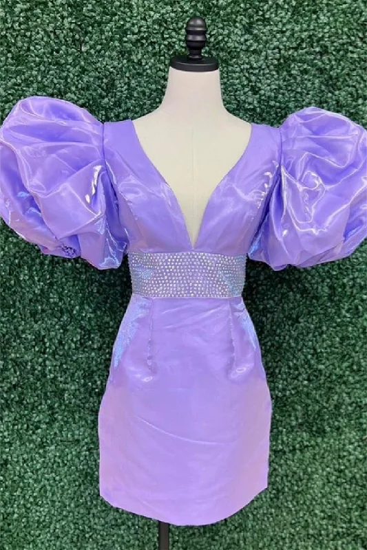 Can't Be Beat trendy mini dressLavender Plunging V Puff Sleeves Beaded Sheath Satin Homecoming Dress