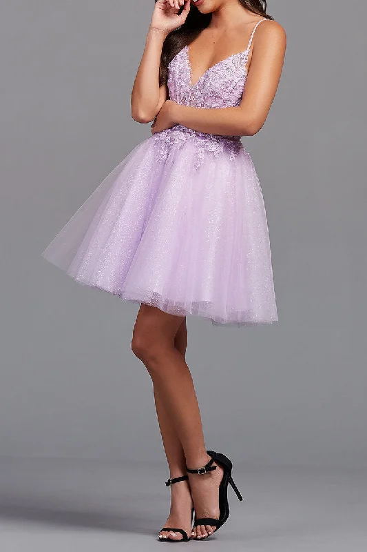 Price Cut flowy evening dressA line V Neck Lace Appliques Short Cute Homecoming Dress QH2409