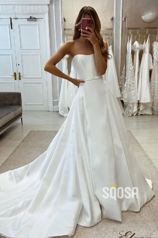 Limited Availability classic fit-and-flare dressSimple Satin A-Line Sweetheart Strapless Belt With Train Wedding Dress QW8107 Limited Availability classic fit-and-flare dressSimple Satin A-Line Sweetheart Strapless Belt With Train Wedding Dress QW8107
