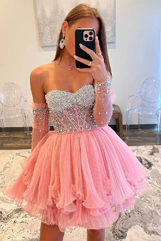 Amazing Deals casual summer dressHot Pink A-Line Ruffled Strapless Corset Sequins  Homecoming Dress