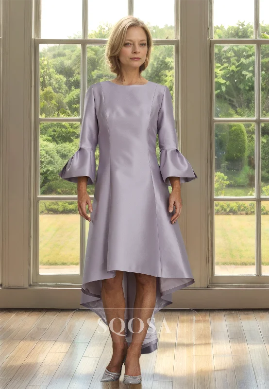 Value Deals chic slip dressScoop-Neck Half-Sleeves Satin Cocktail Gowns High-Low A-Line Mother of the Bride Dress