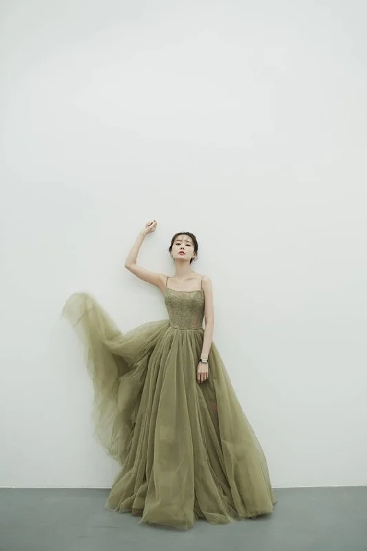Extra Savings chic slip dressGreen A-line Spaghetti Straps Tulle Prom Dress,Green  Formal Gown Y2882