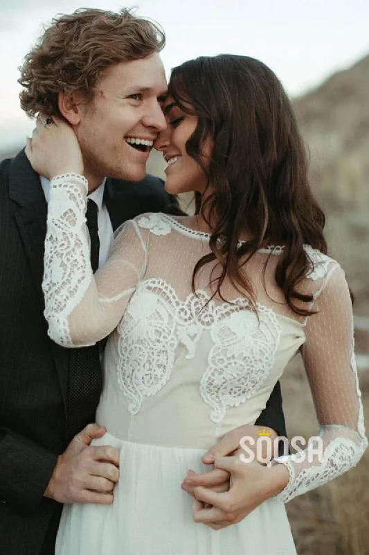 Discount Extravaganza mini dressUnique Scoop Lace Appliques Long Sleeves Bohemian Wedding Dress Backless QW2551