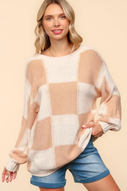 Seasonal Sale athletic style hoodieHaptics Full Size Checkered Round Neck Drop Shoulder Sweater Seasonal Sale athletic style hoodieHaptics Full Size Checkered Round Neck Drop Shoulder Sweater