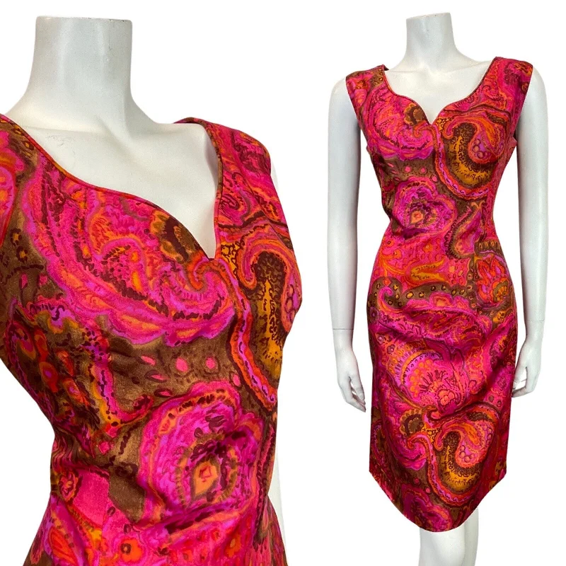 Today's Special VINTAGE 60s 70s PINK PURPLE ORANGE PSYCHEDELIC FLORAL PAISLEY WIGGLE DRESS 12 14